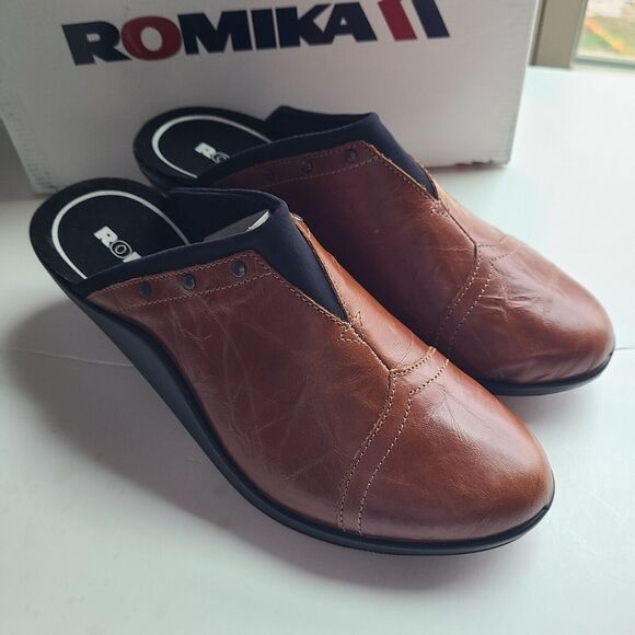 Romika Mokassetta Shoes Women's Size 41 Leather Brown Studded Mules NEW‎ - Picture 1 of 7